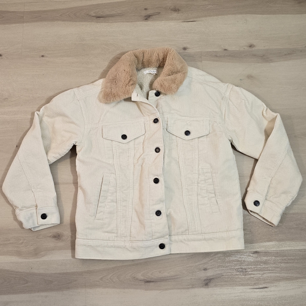 Pacsun Corduroy Fleece Cream Button Up Jacket Fur Collar Pockets Cotton XS Women